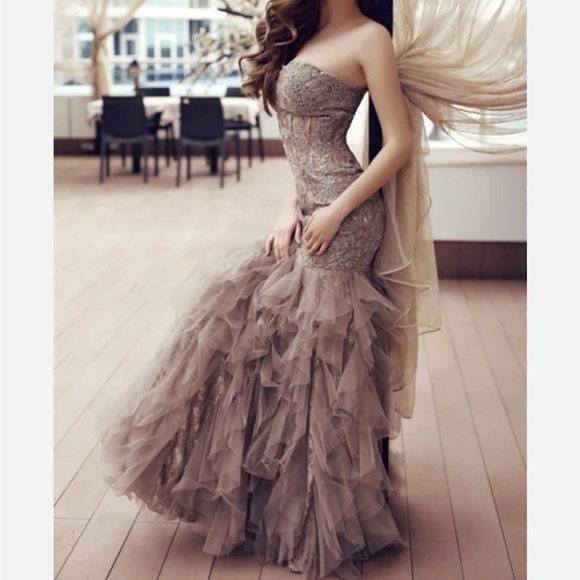 JOVANI PROM 6534 Strapless beaded glitter champagne & toffee gown size 8 - Picture 16 of 16